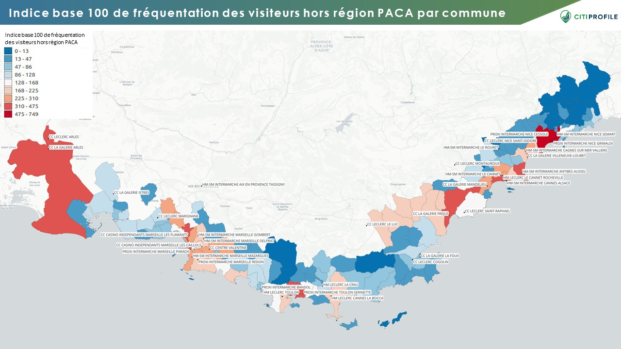 Indice base 100 de fréquentation des visiteurs hors région PACA par commune